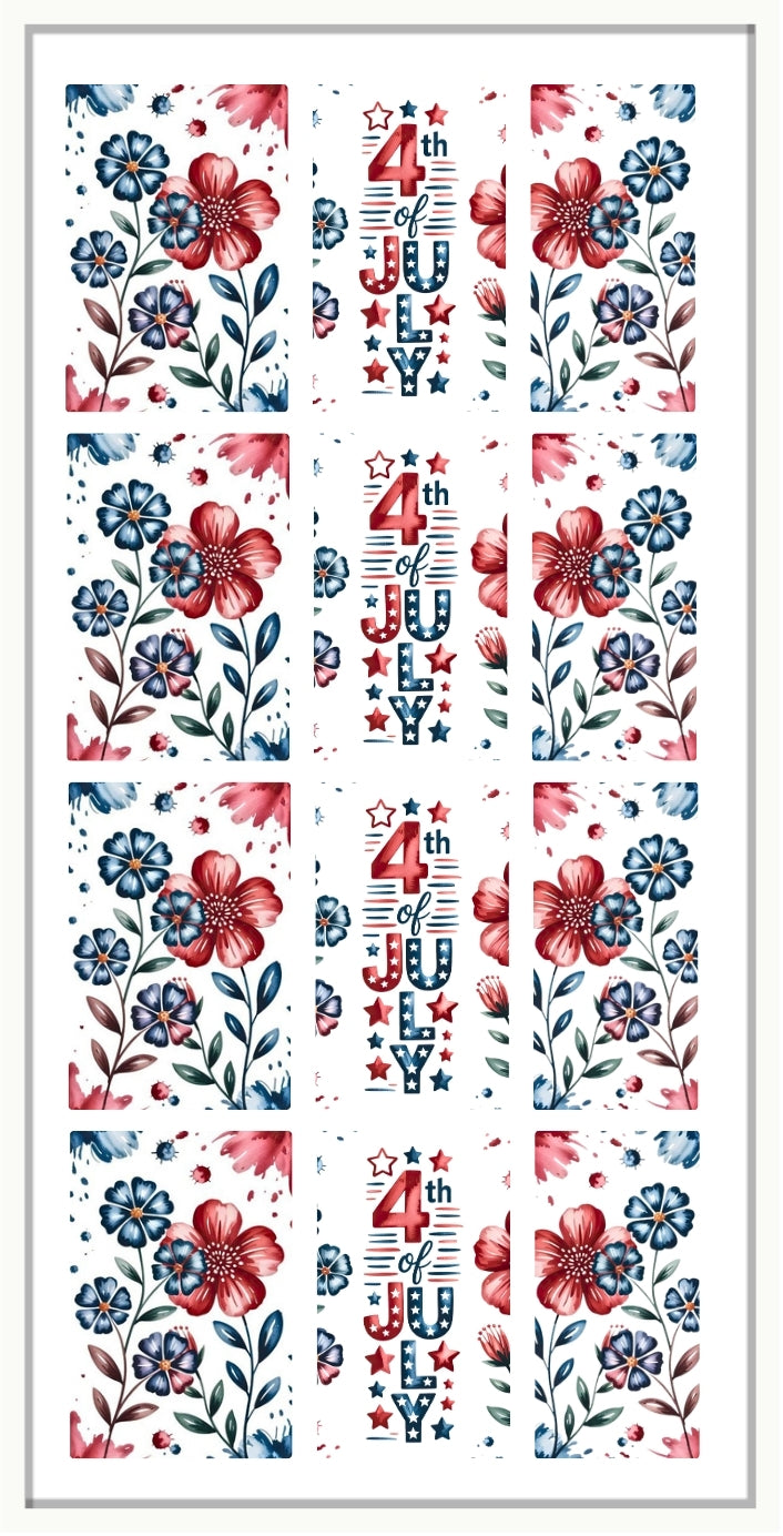 Decorative waterslide nail decals with red and blue floral patterns and &