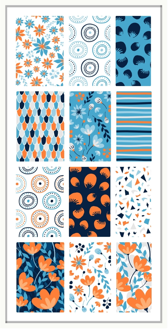 waterslide nail decal Collection of various patterns in blue and orange on a white background