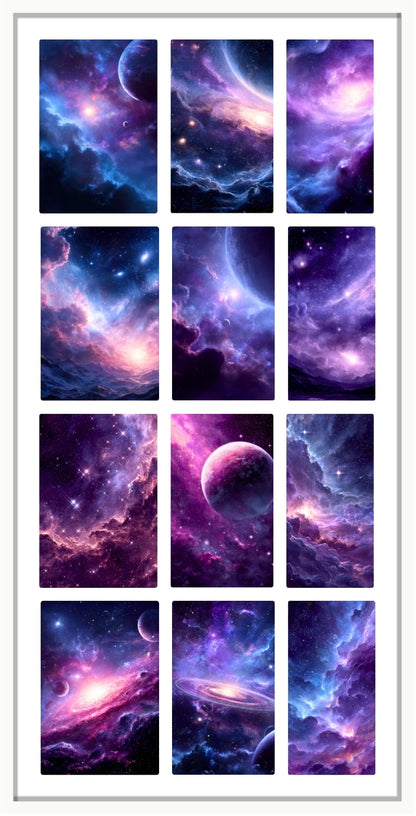 Waterslide nail decals with purple and blue nebulae.