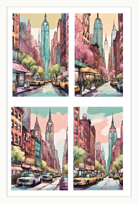 set of 4 waterslide nail decals of a stylized new york cityscape with tall buildings and taxis. in a comic art style