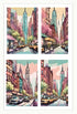 set of 4 waterslide nail decals of a stylized new york cityscape with tall buildings and taxis. in a comic art style