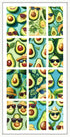 waterslide nail decal Collage of cartoon like avocados with different face expressions on a green/ blue background