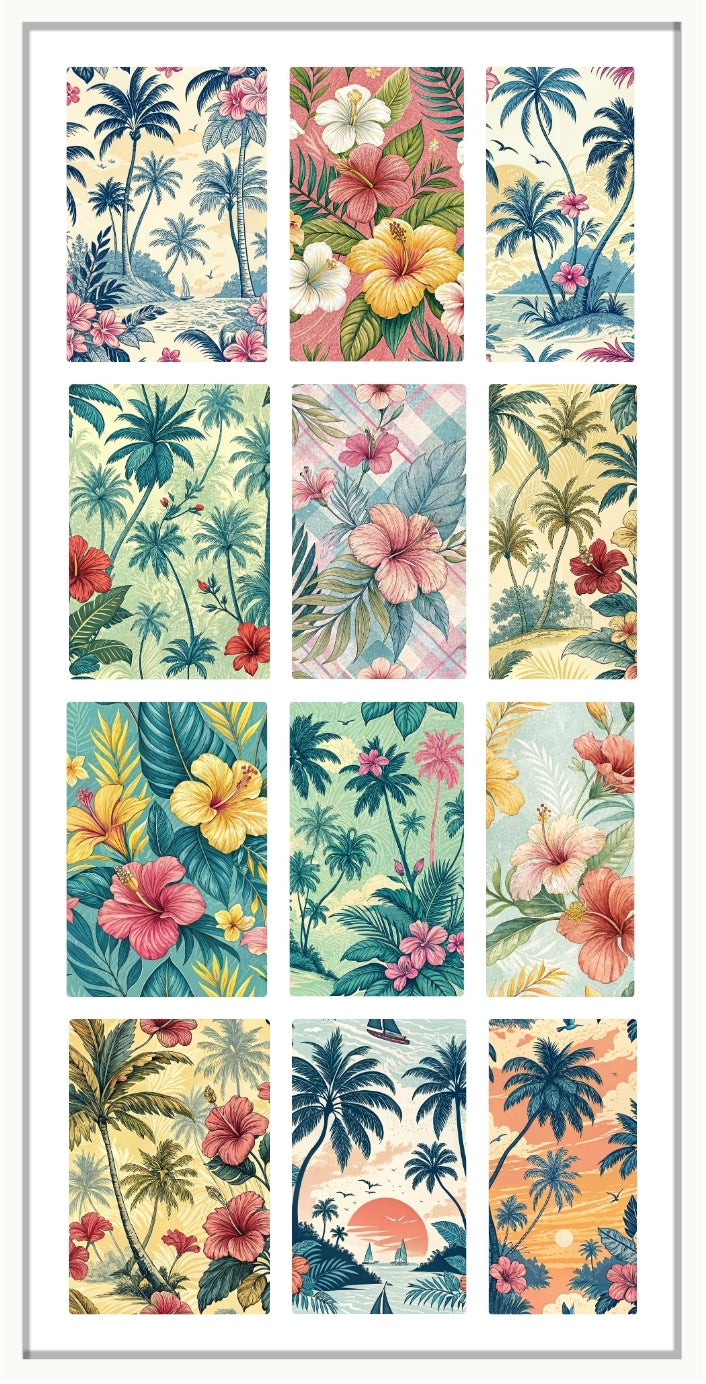 waterslide nail decals  tropical floral and palm tree patterns in various colors.