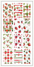 Collection of strawberry-themed patterned paper sheets on a white background