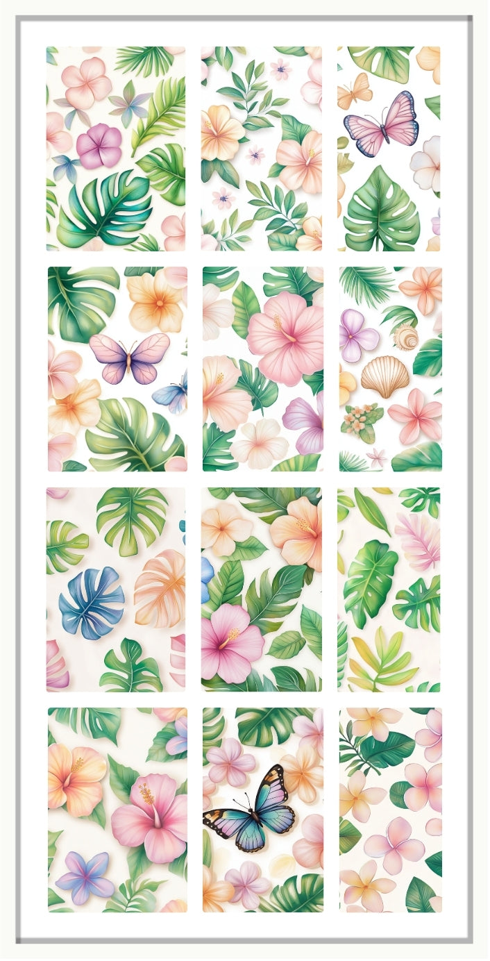Set of tropical-themed waterslide nail decals with flowers, palm leaves and butterflies on a white background