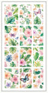 Set of tropical-themed waterslide nail decals with flowers, palm leaves and butterflies on a white background