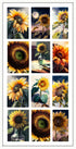 Collage of sunflower waterslide nail decals in various styles and settings.